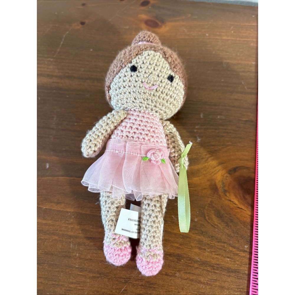 Zubels Ballerina Rattle Doll Pink Bamboo Yarn Hand Knit Crochet Toy 7 Inch
